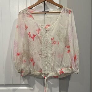 Express Sheer Floral Blouse - Pink and White